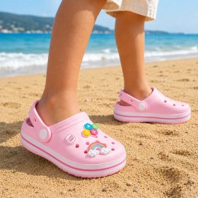 Resim RS Riva Shoes Kız Çocuk Kreş Havuz Bahçe Terlik | Gökkuşağı ve Harf Aksesuarlı Hafif Günlük Terlik 
