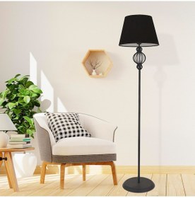 Resim Helezon Siyah Şapkalı Siyah Modern Tasarım Ayaklı Abajur Lamba Metal Lambader 