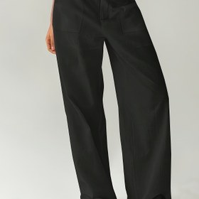 Resim Kadınların Yüksek Bel Düz Bacaklı Pantolonları - Düğme Detayıyla Karışık Siyah Rahat Pantolonlar, Tüm Mevsimler İçin Mükemmel, Rahat Moda|Minimalist Tarz|Yumuşak Kumaş Pantolonlar 
