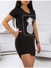 Resim Kadın Ananas Baskılı Kısa Kol Viskon Elbise Siyah 