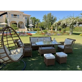 Resim Mimoza Deluxe 7 Parça Rattan Villa Bahçe Takımı - Yemekli Oturma Seti Kahverengi 
