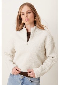 Resim Calvin Klein Sport Sherpa Half Zip Sweatshirt Kadın Yarım Fermuar Rahat Kesim Crop Polar Sweatshirt Bej Bej 