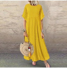 Resim Sarı Zanzea Kadın Yuvarlak Yaka Puantiyeli Kısa Kollu Yaz Elbise 4xl Sarı 