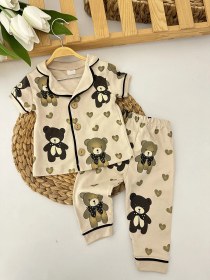 Resim Bebek Bej Ayıcık Desenli Pijama Takımı 