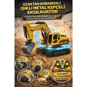 Resim Trendzone Uzaktan Kumandalı Şarjlı Işıklı 360° Dönen Metal Kepçeli Ekskavatör | 3 Başlıklı Rc Iş Makinesi 