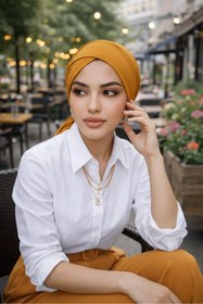 Resim Aişe tesettür Hardal Çapraz Bone 