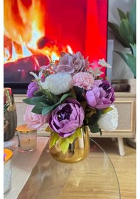 Resim Yapay Çiçek Aranjmanı Gold Metal Vazoda Şakayık Gül Ve Krizantem Salon Çiçeği 