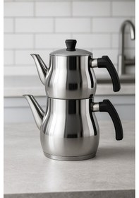 Resim Yunusoğlu Home Klasik Çaydanlık Takımı 0,8l Demlik 1,25l Alt Demlik Paslanmaz Çelik Soğuk Tutma Saplı Gri 