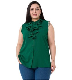 Resim Büyük Beden Yakası İki Kat Volanlı Düğmeli Kolsuz Zümrüt Gömlek Zümrüt 