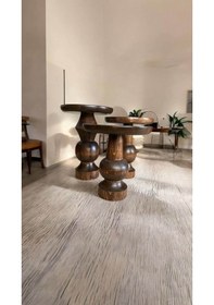 Resim Wood Wooden Ahşap 3 Lü Set Fitilli Mantar Yan Sehpa / Ceviz Renk / Zigon Sehpa Vernikli Kahverengi 