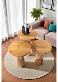 Resim Simillo Doğal Ahşap 3 Lü Set Mantar Sehpa Koyu Ceviz Renkli Kahverengi 