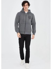 Resim Barlashive Erkek 3 İplik Pamuklu Fermuarlı Kapüşonlu Kanguru Cepli Baskılı Hoodie Hırka Sweatshirt - Füme Çok Renkli 