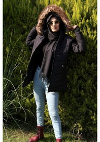 Resim Toridas Eldiven Detaylı Kapüşonlu Kürklü Şişme Tesettür Mont Bt121siyahtesettür 001 