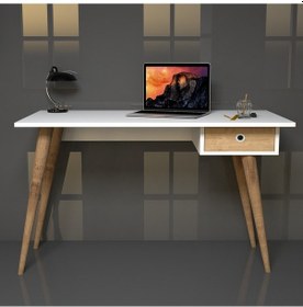 Resim Emkawood Emkawood Tina Masif Ayaklı Çekmeceli Safir Çalışma Masası Beyaz - Meşe 