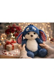 Resim Ziventa Stitch Kostümlü Küçük Sevimli Ayı Peluş Bebek Oyuncak Kıyafetli Kapüşonlu Açılır Şapka Puffy Hug 