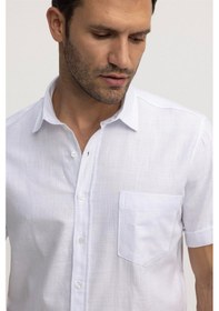 Resim Tudors Erkek Regular Fit Klasik Kesim %100 Pamuk Keten Doku Cepli Beyaz Gömlek-27111 Beyaz 