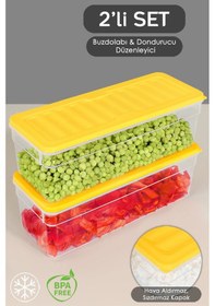 Resim 2'li Derin Buzdolabı Organizer Set Düzenleyici Saklama Kabı Mikrodalga Difriz Kabı 2470 ML Sarı 