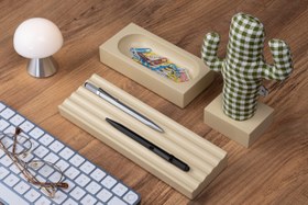 Resim Kayigo Woody Krem Üçlü Ofis Seti - Pötikareli Cactus 