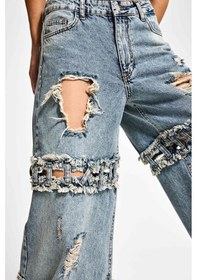 Resim Itsbasic Kadın Kot Rengi Palazzo Fit Yırtık Detaylı Tasarım Denim Jean Mavi 