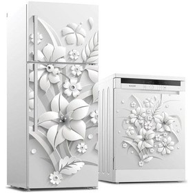 Resim Ve Bulaşık Makinası Beyaz Eşya Sticker Kaplama Gri Çiçekler 