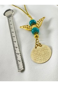 Resim biuti Melek Kanadı Turkuaz Doğaltaş Boncuklu Gold Renkli Metal Ayetel Kürsi Araba Dikiz Ayna Süsü 