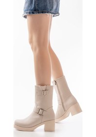 Resim 5109-3043 Bej Toka Aksesuarlı Fermuarlı Kalın Topuklu Günlük Kadın Bot Acı Kahverengi 