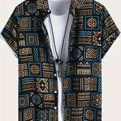 Resim Erkekler için Vintage Kabile Grafiti Baskılı Kısa Kollu Gömlek - Hafif %100 Polyester, Geometrik Desenli Rahat Kesim Yazlık Gömlek, Makinede Yıkanabilir & Kolay Bakım 