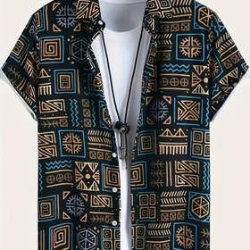 Resim Erkekler için Vintage Kabile Grafiti Baskılı Kısa Kollu Gömlek - Hafif %100 Polyester, Geometrik Desenli Rahat Kesim Yazlık Gömlek, Makinede Yıkanabilir & Kolay Bakım 