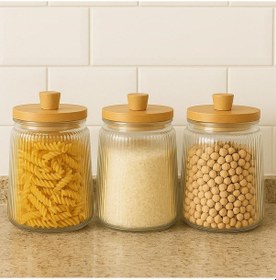 Resim Morponi 3'lü Bambu Kapaklı Yivli Kavanoz Seti 1300 Ml Şeffaf 