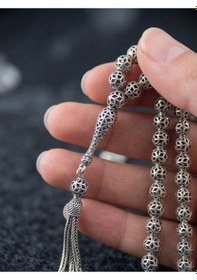 Resim 925 Ayar Küre Kesim 3 Kamçılı Püskül Bilek Boy Modern İşlemeli Otantik Gümüş Tesbih Gümüş - Siyah 