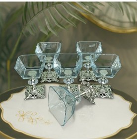 Resim Elta Collection Karen 6 Parça Döküm Gümüş Ayaklı Sunumluk Seti Magnolia Dondurmalık Cup Çerezlik gümüş 