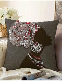 Resim RealHomes Çift Taraflı Gri Zemin Desenli Siyahi Kadın Motifli Raşel Örme Yastık Kılıfı, Sonil-K-5825-55x55cm 