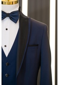 Resim Slimfit Armürlü Sivri Çıkmalı Yaka Yelekli Papyonlu Smokin Takım Elbise 001 
