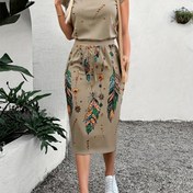Resim Kadınlar İçin Moda Seti, Gündelik Yuvarlak Yaka Baskılı Kısa Kollu Üst ve Dokulu Desenli Etek İki Parçalı Takım 