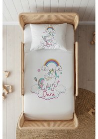 Resim %100 Pamuk Saten İsme Özel İsimli 100x200 Tek Kişilik Lastikli Çarşaf Seti Unicorn Beyaz 