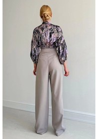 Resim Beli Lastikli Saten Gömlek - Lila Lila 