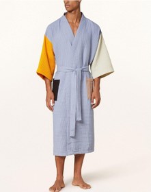 Resim Unisex Kimono Waffle 125 Cm Şal Yaka Çift Halkalı Kemerli Mavi 