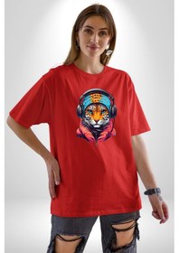 Resim Kulaklık Kedi Leopar Bandana Pamuklu Bisiklet Yaka Unisex Oversize Boyfriend Dijital Baskılı Kırmızı T-shirt Kırmızı 