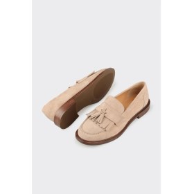 Resim Elle Bej Deri Kadın Günlük Loafer 