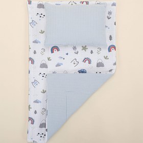 Resim Alt Açma Matı ve Yastık - Çift Taraflı - Bebe Mavi Petek - Mavi Kedi 