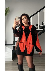 Resim Siyah - Neon Oranj Baklava Desen Cepli Hırka Siyah 