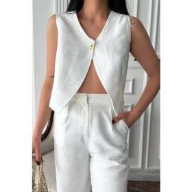 Resim Munnn CollectionKeten Tek Düğme Yelek-Pantolon Takım - Beyaz 