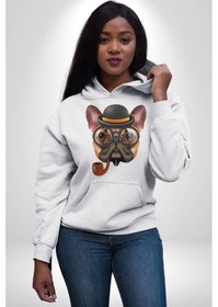 Resim Köpek Pug Gözlüklü Kadın Erkek Beyaz Kapüşonlu Sweatshirt Hoodie Beyaz 