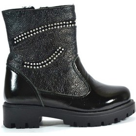 Resim Pinky Hakiki Deri Rugan Siyah Taşlı Fermuarlı Kız Çocuk Bot Siyah 