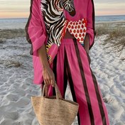 Resim YY0207916 Göz alıcı gül pembesi ve siyah kahverengi! Aynı renkte çizgili geniş paça pantolonlu zebra desenli gömlek, moda olmazsa olmazı, tatil atmosferiyle dolu! 