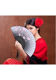 Resim Beluga Yelpaze Bambu Kumaş Serinletici Vintage Gri Şık Dekorasyon Püsküllü Japon Yelpaze 0204 