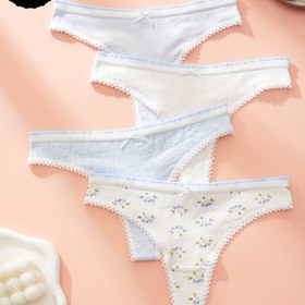 Resim Sevimli Fiyonklu ve Ahşap Kulak Tasarımlı 4'lü Paket Mavi Çiçekli Kadın Tanga, Tatlı Gençlik Casual Nazik Mavi Çiçek Desenli Tangalar, Açık Bej Dostu Rahat Nefes Alabilir Uzun Süre Kullanım, Her Mevsim İçin Çok Yönlü Uyumlu İç Çamaşırı 