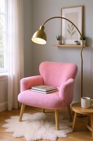 Resim Modern Şeker Pembe Teddy Kumaş Rahat Berjer Tekli Koltuk - Yumuşak Dokulu, Ahşap Ayaklı 