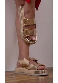 Resim Dolgu Topuklu Çift Bantlı Tokalı Kadın Sandalet Altın 