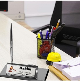 Resim Hukukçulara Özel Kişiye Özel Masa Üstü İsimlik - Saatli Ve Kalemli Cam Ofis Hediyesi Açık Gri - Füme 